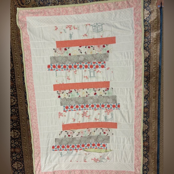 GUC Modern handmade quilt in corals, pinks and greens. Nursery. Needs TLC repair - Picture 1 of 10
